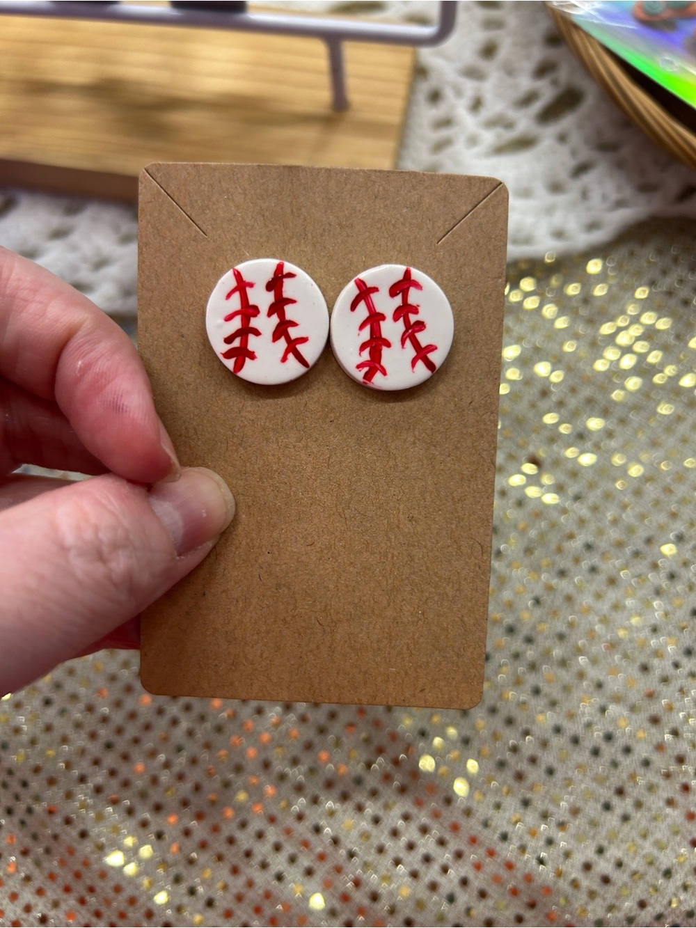 Handmade Polymer Clay White & Red Baseball Stud Earrings